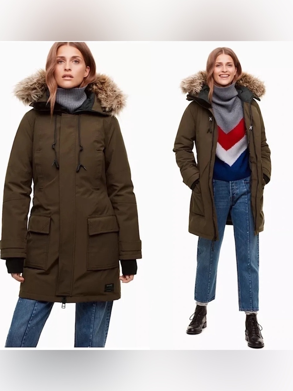TNA Olive Green Hooded Slim Fit Bancroft Parka, good condition, lost faux fur!